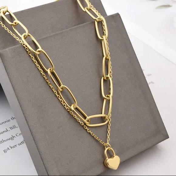 18K Gold Plated Layering Heart Lock Pendant Necklace - Picture 7 of 14